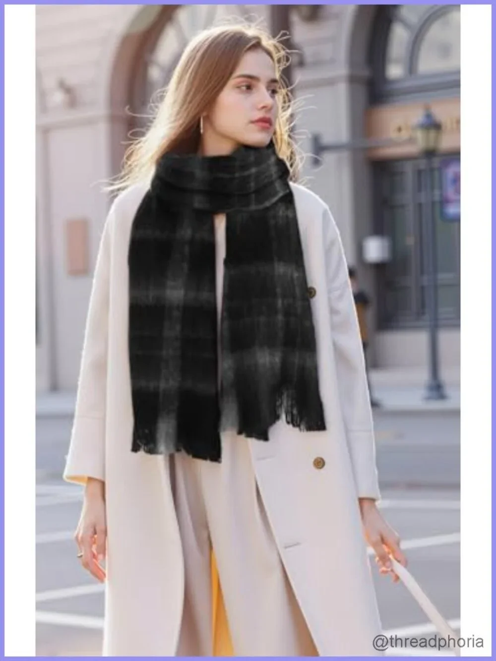 Oversized Mohair Feel Plaid Scarf Women Warm Winter Wrap Shawl